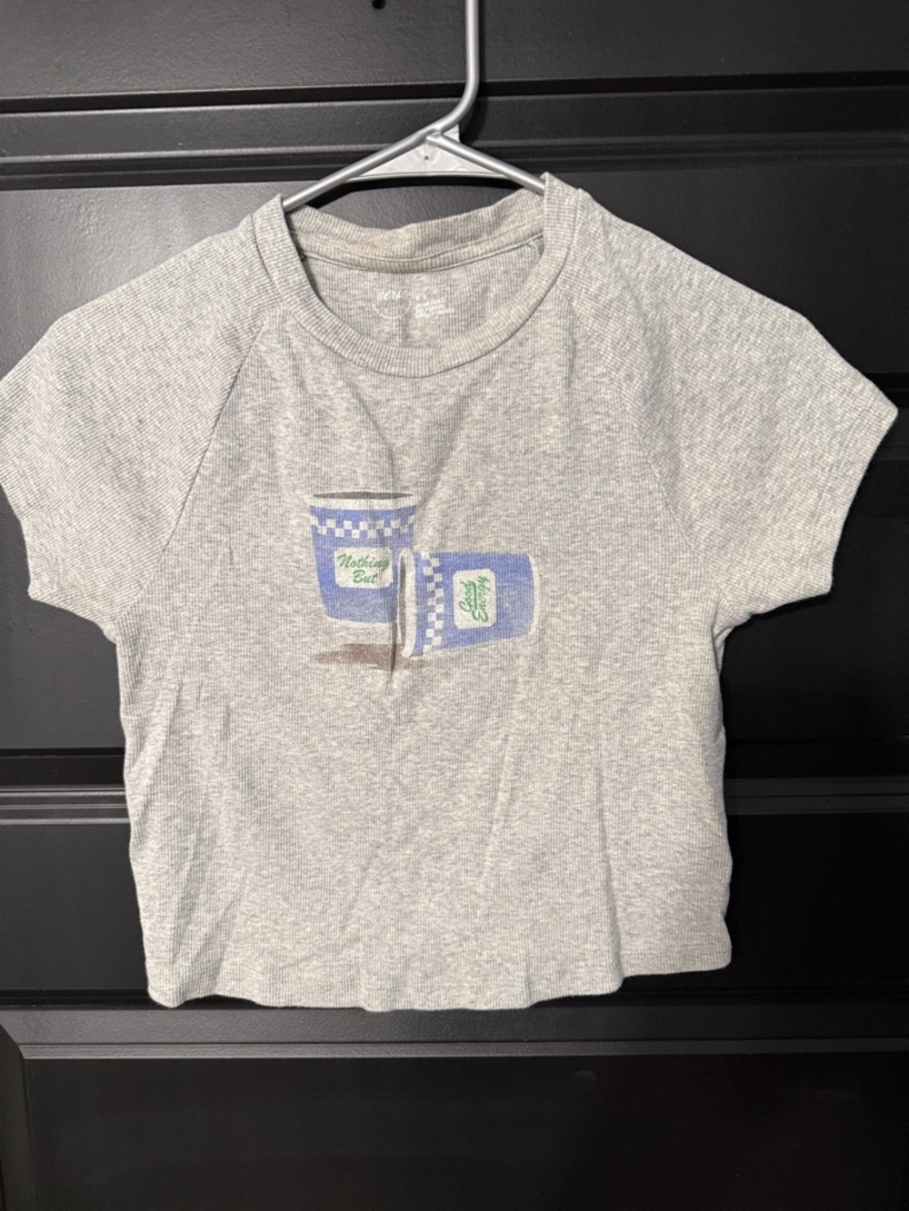 Cropped Heather Gray Graphic Tee with Blue Cups